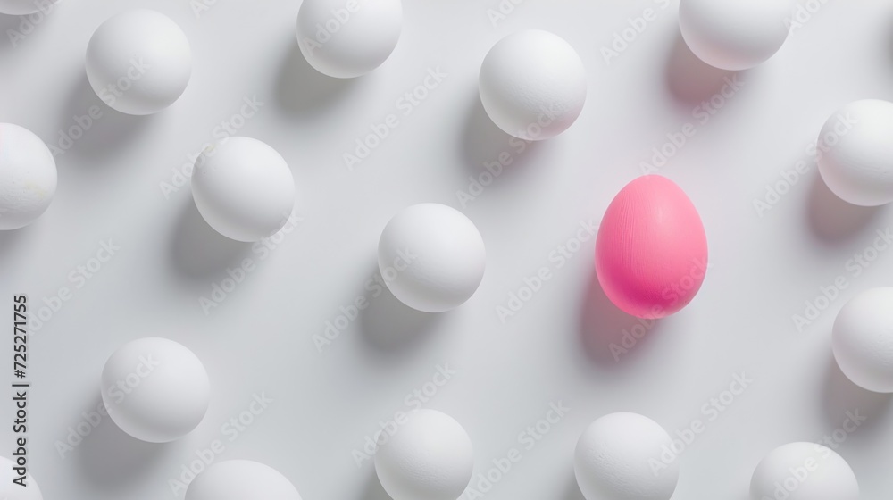 a group of white and pink eggs on a white surface with one pink egg in the middle of the group. a group of white and pink eggs on a white surface with one pink egg in the middle of the group.