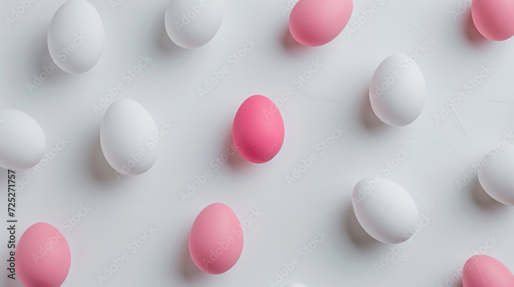 a group of white and pink eggs on a white surface with one pink egg in the middle of the group. a group of white and pink eggs on a white surface with one pink egg in the middle of the group.