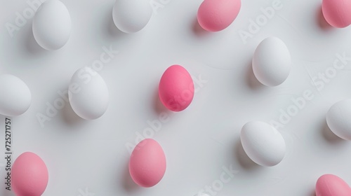  a group of white and pink eggs on a white surface with one pink egg in the middle of the group.