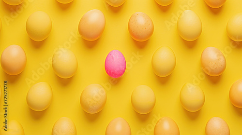  a group of eggs with one pink egg in the middle of a row of yellow eggs on a yellow background.