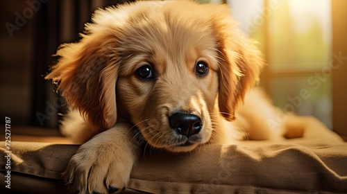 A fluffy golden retriever puppy with big puppy eyes and a wagging tail.
