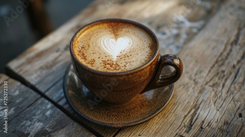 a cup of cappuccino with a heart drawn in it on a saucer on a wooden table.
