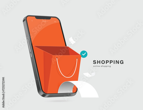 orange shopping bag open on smartphone screen And a receipt comes out after confirming the order and paying for online shopping, vector 3d isolated for delivery and e commerce concept design