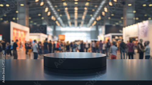 Blurred background of a bustling trade show with visitors and exhibition stands, foreground showcasing an empty display stand ready for products. photo