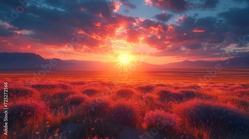  the sun is setting over a field of wildflowers in the middle of a field with mountains in the distance.