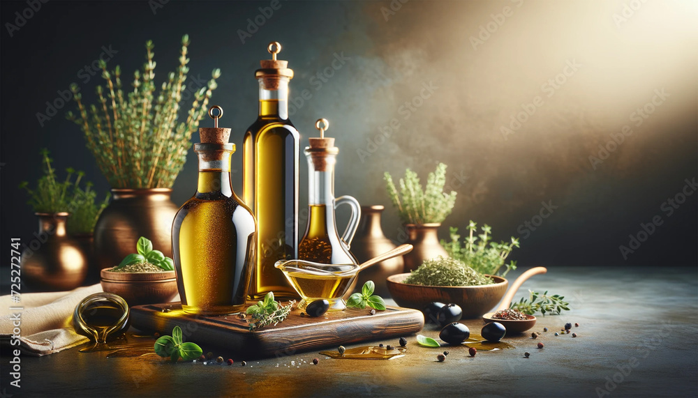 Italian Mediterranean food menu commercial, featuring golden olive oil bottles
