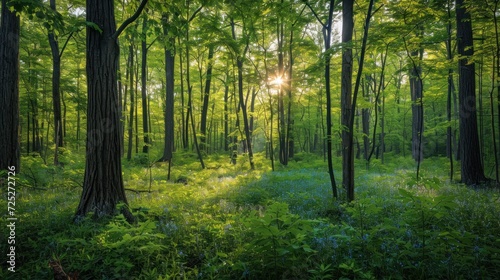  the sun shines through the trees in a green forest filled with tall grass and bluebells in the foreground.