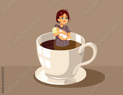 Vector Young Mom Feeling Exhausted in a Giant Cup of Coffee Vector. Sleepy mother having no more energy in the morning after insomnia episode 
