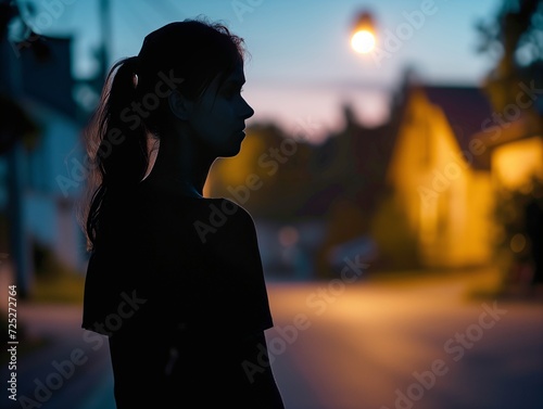 Woman walking alone at night. Fear of stalkers, crime, and other bad things.