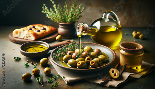 Italian Mediterranean food menu commercial, featuring golden olive oil bottles