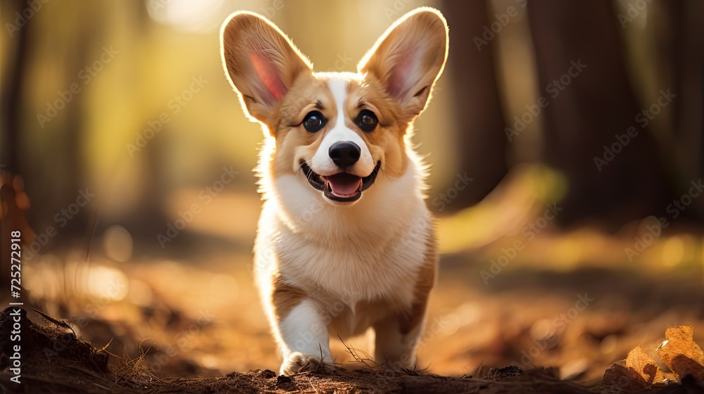 A curious corgi pup with oversized ears and a wagging tail.