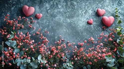  a group of red hearts hanging from a wall next to a bush of red flowers and green leaves on a gray background.