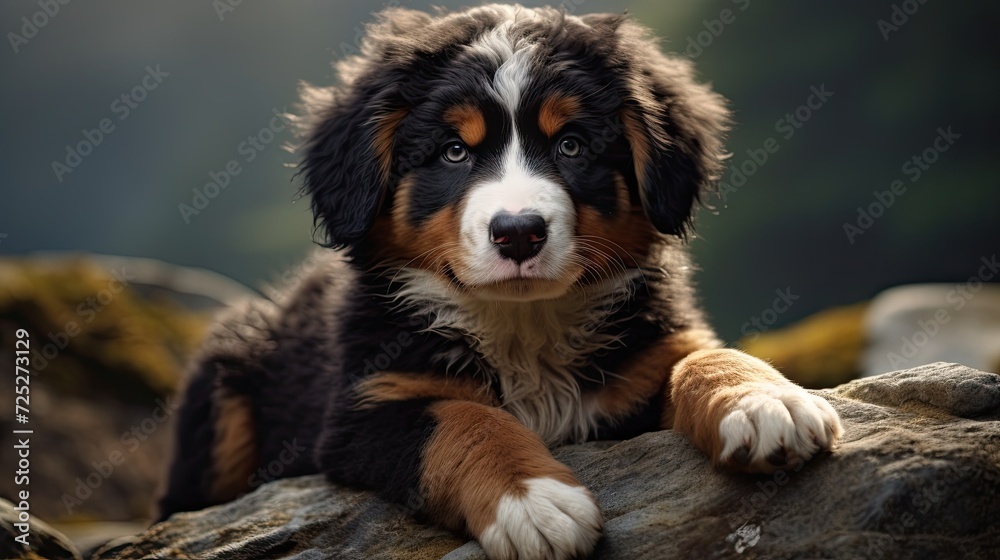 A fluffy Bernese mountain dog pup with big paws and a heartwarming gaze.