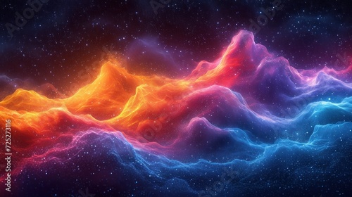  a computer generated image of a mountain range in a space filled with stars and a rainbow - hued sky.