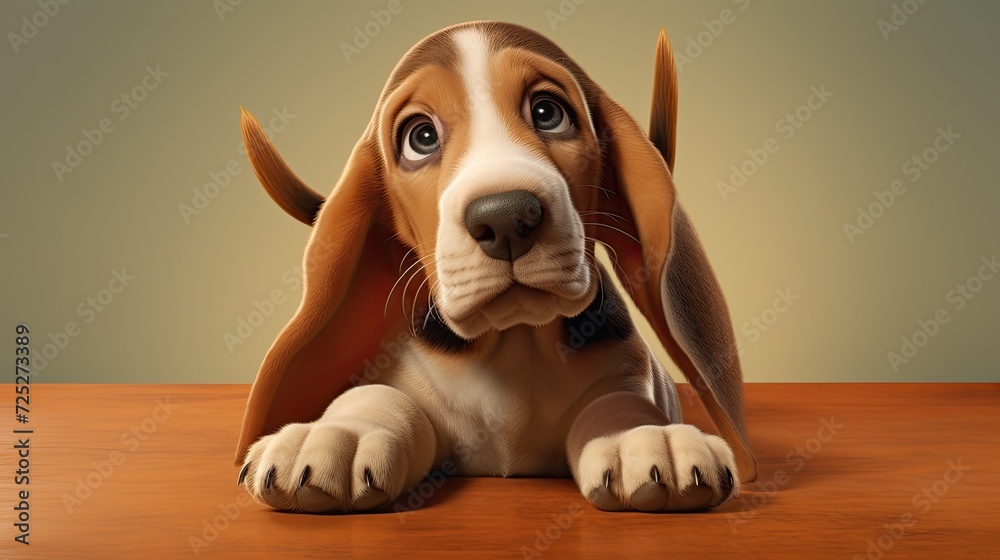 A playful basset hound pup with floppy ears and a droopy expression.
