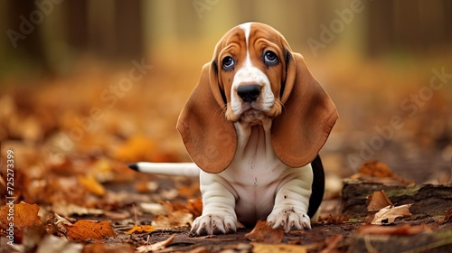 A playful basset hound pup with floppy ears and a droopy expression.