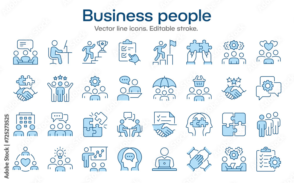 Business people icons, such as team, partnership, workshop, employee, career and more. Vector illustration isolated on white. Editable stroke. Change to any size and any color.