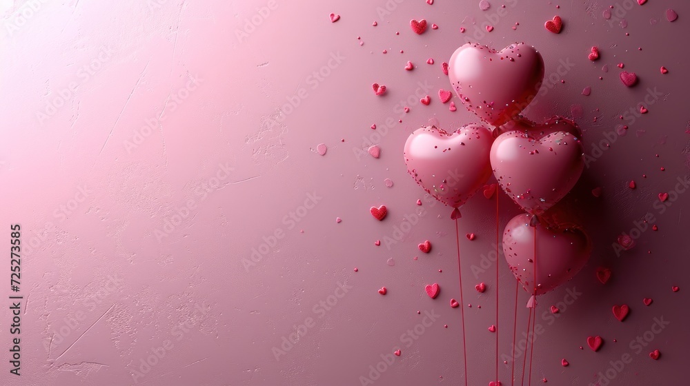  a bunch of pink heart shaped balloons floating on a pink background with drops of water on the balloon and on the wall.