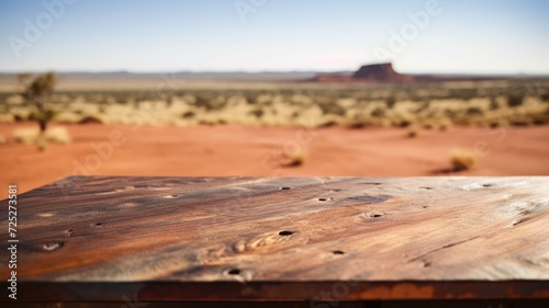 The empty wooden table top with blur background of Australian outback. Exuberant image. generative ai