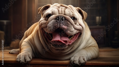 A chubby bulldog with a goofy grin and a tongue sticking out. © Galib