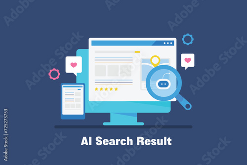 Search engine integrated with artificial technology display information or data related to user query, AI driven search results, vector illustration web banner.