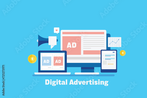 Ads on search page, social media advertising, display banner ads on digital ad network, brand spending on digital paid promotion increase revenue concept, vector illustration.