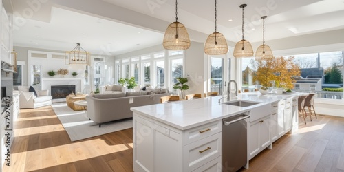 Luxurious new home with hardwood floors, two farmhouse sinks, and white cabinets in the kitchen.