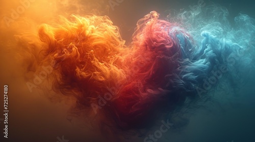  a heart made out of colored smoke on a blue, yellow, red, and orange background with the word love written in the middle of the heart.