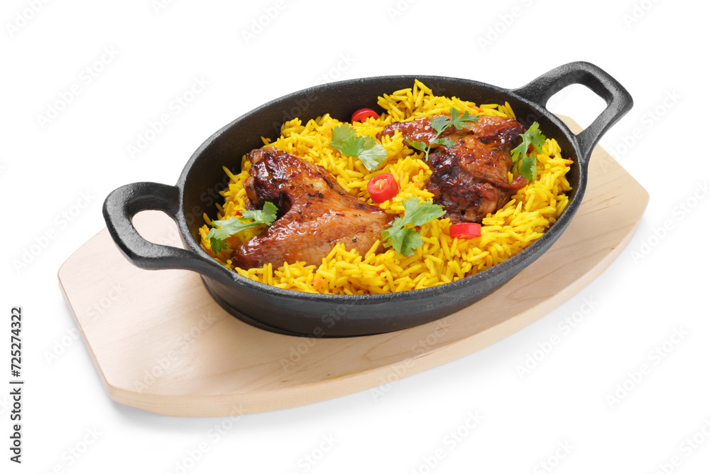 Baking dish of traditional chicken biryani isolated on white background Baking dish of traditional chicken biryani isolated on white background