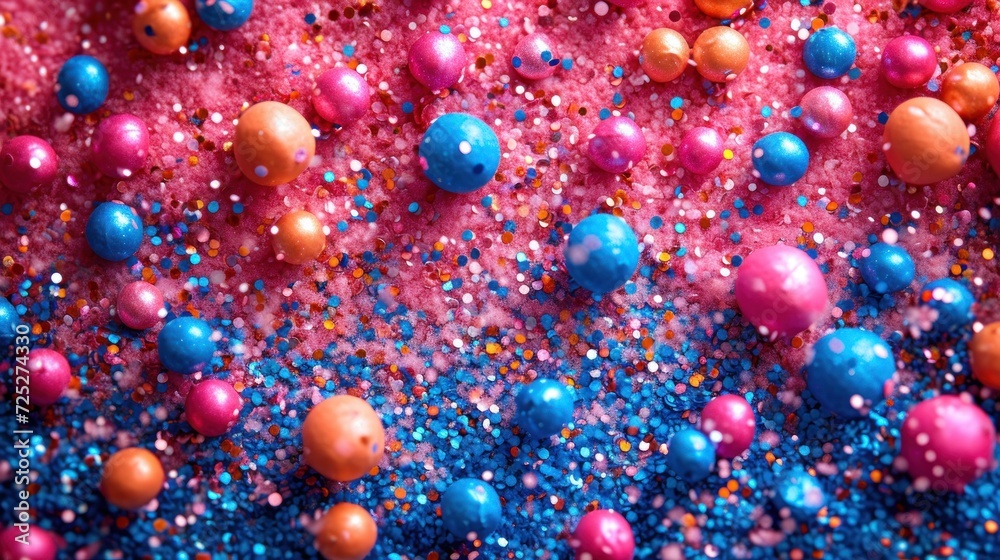  colorful sprinkles on a pink surface with blue, orange, and pink sprinkles on it.