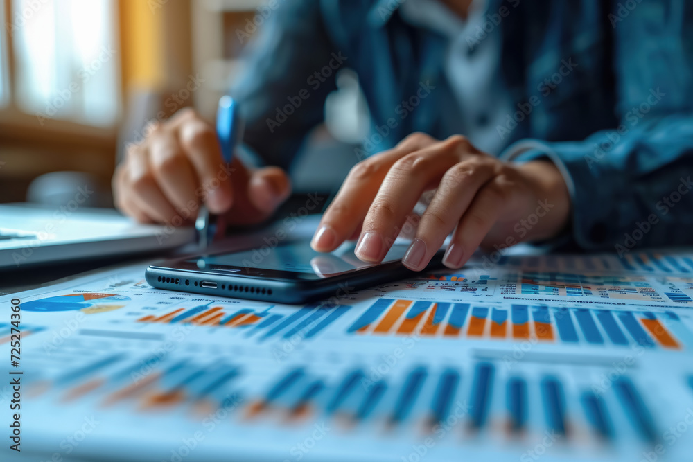 Business man using smartphone working analyzing finance sales data and economic growth graph chart and financial, Connect social in the style of digital Business man using smartphone working analyzing finance sales data and economic growth graph chart and financial, Connect social in the style of digital