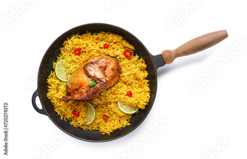 Frying pan of traditional chicken biryani isolated on white background