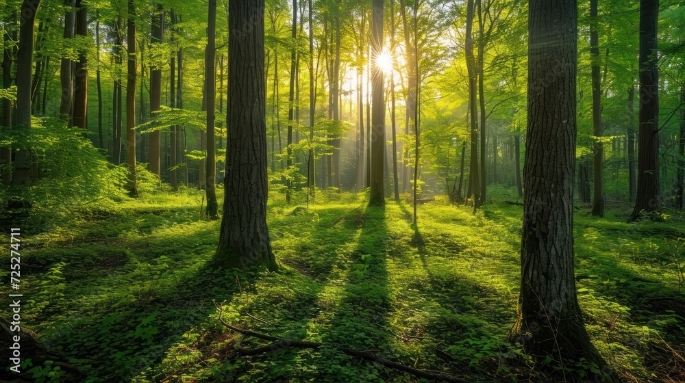 the sun shines through the trees in a forest filled with lush green grass and tall, tall, skinny trees. the sun shines through the trees in a forest filled with lush green grass and tall, tall, skinny trees.