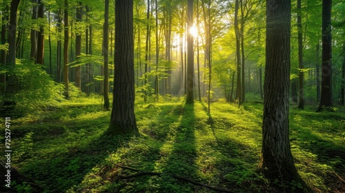  the sun shines through the trees in a forest filled with lush green grass and tall, tall, skinny trees. © Olga