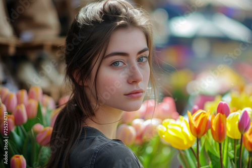 Portrait of a girl selling tulips at the market against a background of flowers, a concept for Valentine's Day and World Women's Day