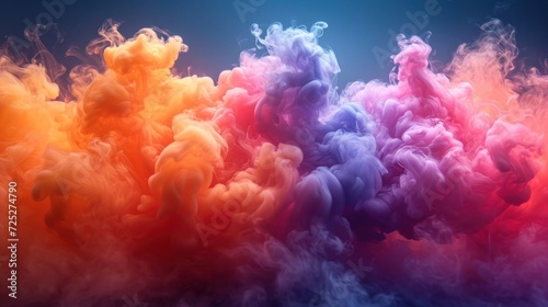  a colorful cloud of smoke floating in the air on a blue and red background with a blue sky in the background.