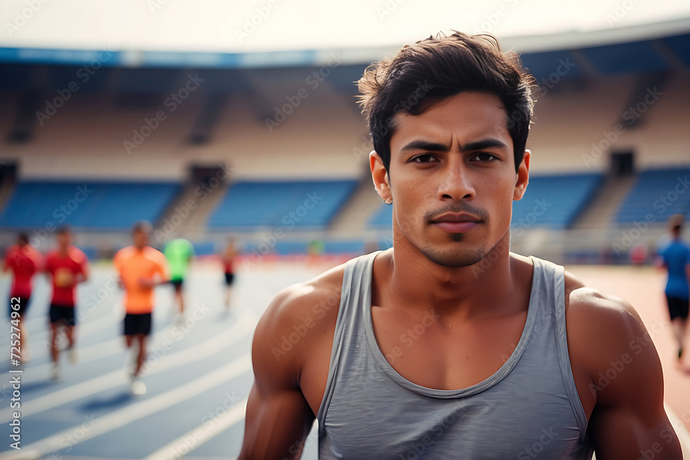 A Latino male sprinter athlete drinks a cold isotonic sports water drink with a blurry stadium background