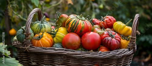 Seattle garden yields fall harvest basket filled with tomatoes, squash, and peppers. photo