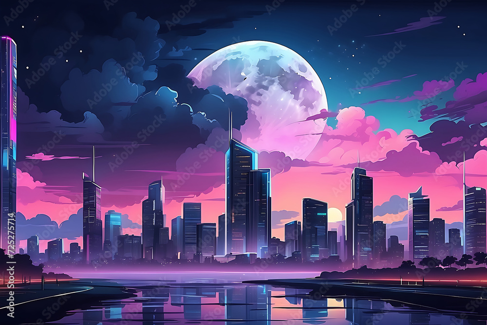 A wallpaper image of a night cityscape in Anime Neo Crisp style. Neon flat color. Cloudy night sky with a big shiny moon and skyscrapers.