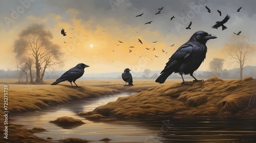Many crows sitting on a beautiful creek photo