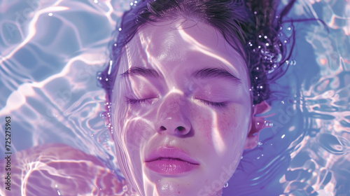  a woman floating in a pool of water with her eyes closed and her head above the water's surface. © Olga
