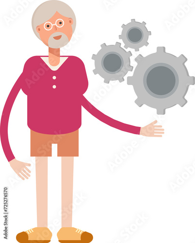 Old Man Character Holding Gears
