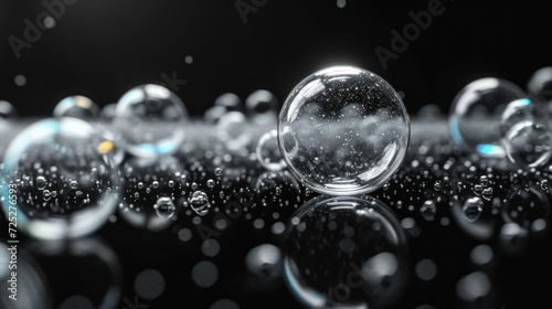  a group of bubbles floating on top of a black surface with a reflection of the bubbles in the middle of the image.