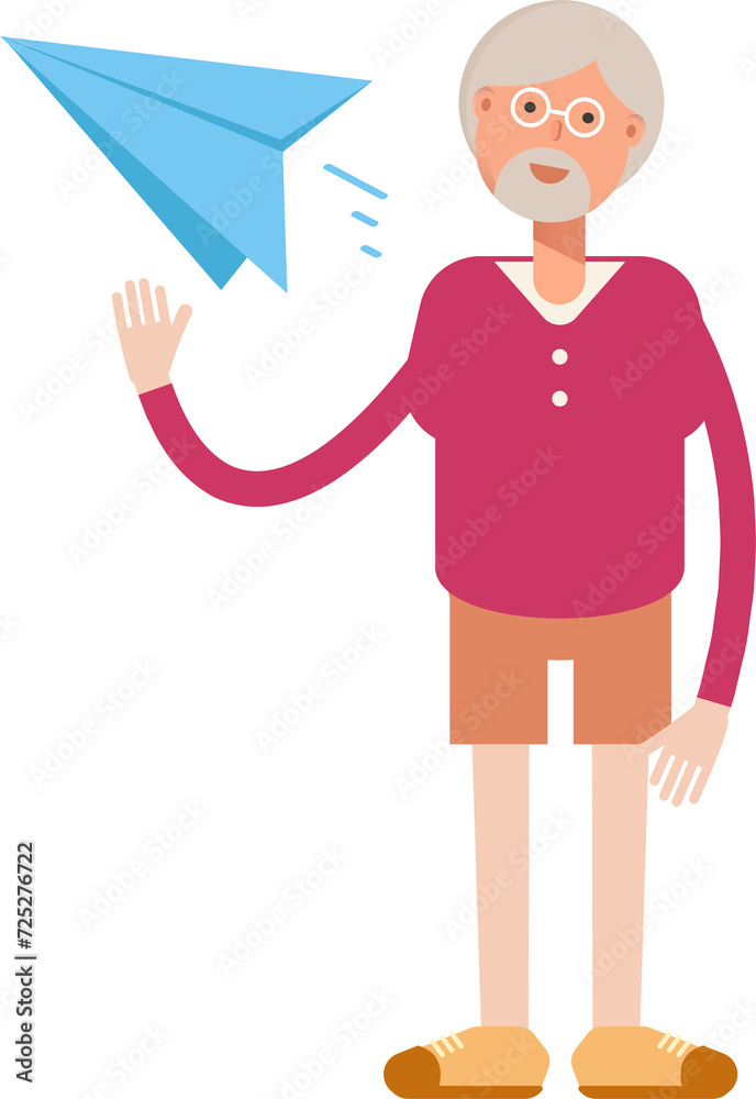 Old Man Character Holding Paper Plane
