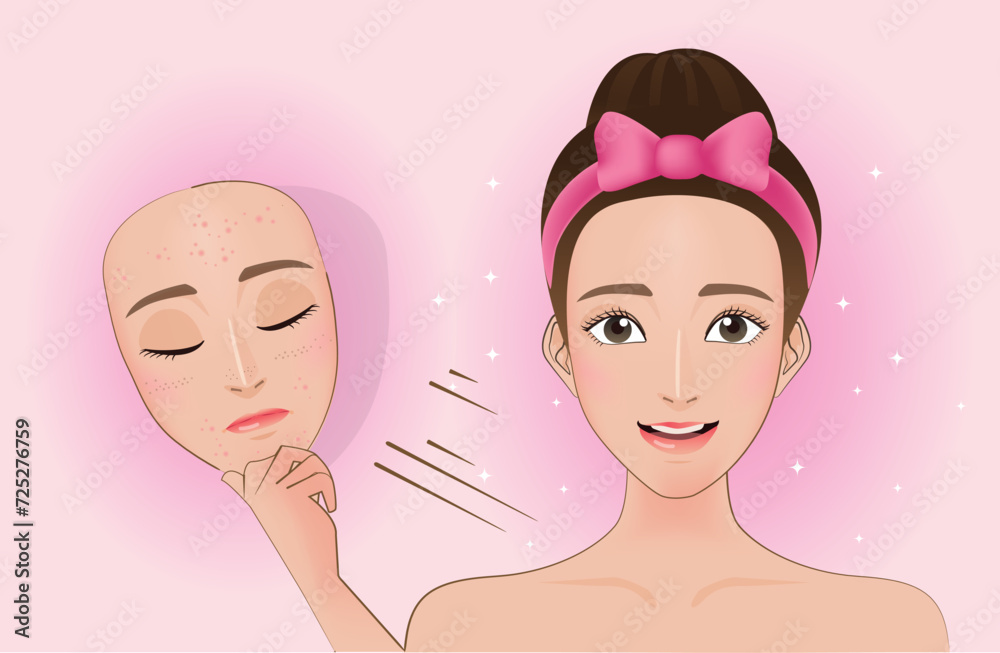 Vector modern flat style cartoon character illustration. A girl with no problem from her skin with acne. Such as lifting the mask. Vector modern flat style cartoon character illustration. A girl with no problem from her skin with acne. Such as lifting the mask.