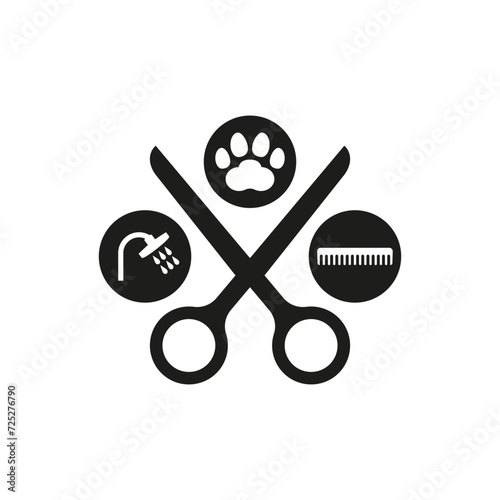 Dog grooming. Dog paw print with scissors and comb. Vector drawing. Isolated illustration on white background.	