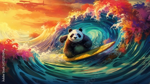 A panda surfer riding waves of vibrant colors and bamboo leaves in a dreamy seascape. photo