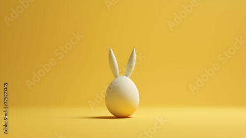  a white egg sitting in the middle of a yellow background with a rabbit's head sticking out of it.