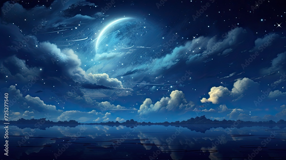 Serene and dreamy moonlit night scene with stars and clouds. Serene and dreamy moonlit night scene with stars and clouds.