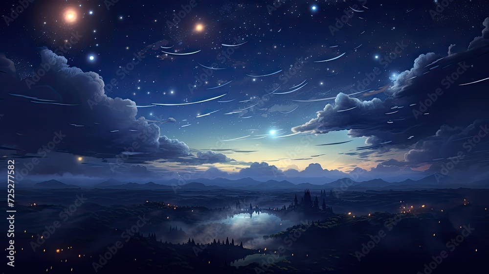 Serene and dreamy moonlit night scene with stars and clouds.